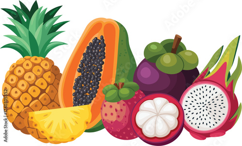 Digital Illustration of Exotic Fruits Pineapple, Papaya, and More
