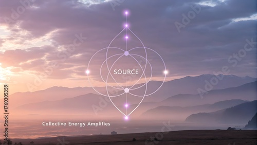 Sacred geometry symbol over misty mountain landscape at dawn