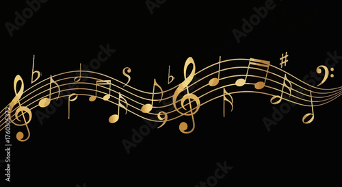 Golden Symphony Ornate Musical Notes in Golden Hue on Black Background, A Melodic and Elegant Design