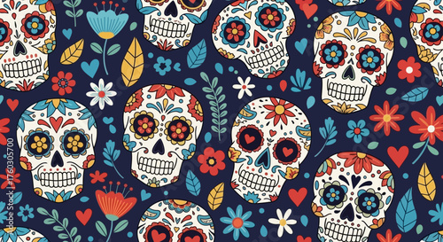 Vibrant Day of the Dead Pattern with Sugar Skulls and Floral Accents