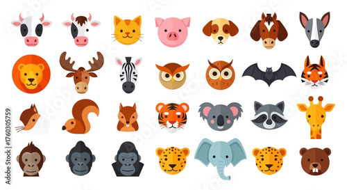 Diverse Animal Faces Cartoon Icons for Education and Fun