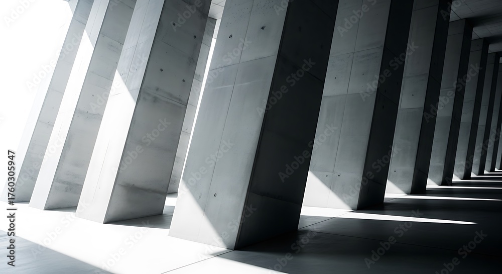 Obraz premium Perspective view of a modern architectural space with strong concrete pillars casting dramatic shadows under bright sunlight