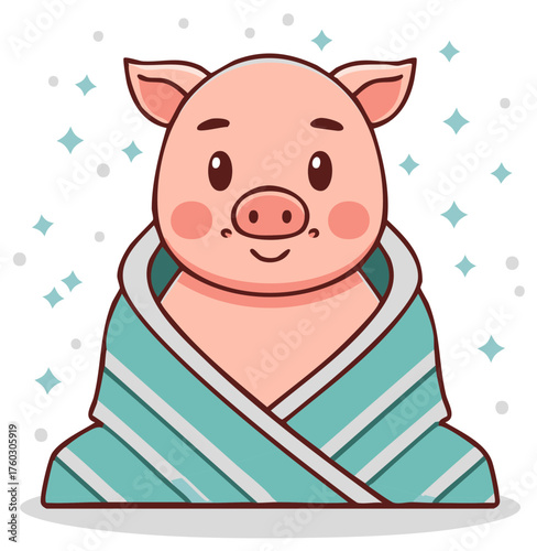 Cute smiling cartoon pig wrapped in a striped towel feeling clean and fresh