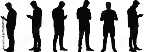Phone-absorbed silhouette set, modern figures in mobile posture, digital behavior poses, black vector illustration, technology icon, casual stance