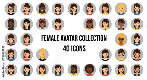 Diverse Female Avatar Collection 40 Unique Vector Icons for User Profiles and Interfaces