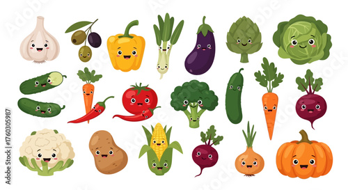 Cheerful Garden Cute Vegetables Cartoon Vector Set