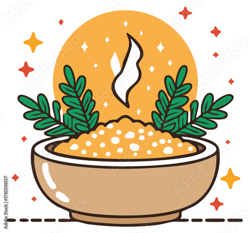 Warm comfort food bowl with steaming porridge and herbs cartoon illustration with magical sparkles