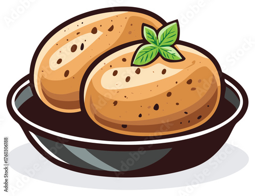Stylized Fresh Potatoes with Green Herb Garnish in a Dark Bowl Illustration