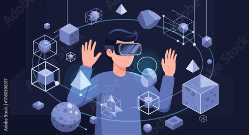 This flat design vector illustration captures an immersive virtual reality art experience at Art Basel Miami Beach, highlighting the intersection of technology and contemporary art.