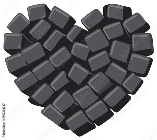 Heart shape formed by dark gray cubes with cast shadows and highlights