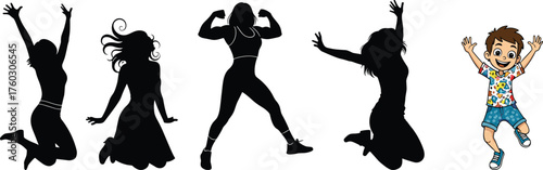 Jumping silhouettes, cartoon boy, energetic pose, playful movement, flexing muscles, joyful action, kids activity, dynamic figures, contrast design, expressive motion