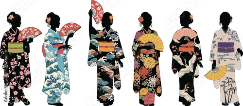 Japanese kimono women silhouettes, traditional attire, floral fans, cultural elegance, detailed patterns, black vector icons, heritage fashion, graceful poses
