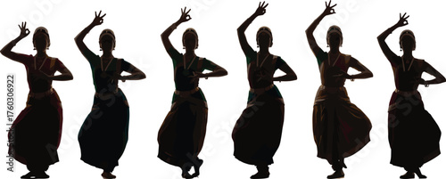 Indian classical dance silhouettes, Bharatanatyam poses, traditional costume, cultural heritage, expressive mudras, elegant movement, black vector art, graceful icon set