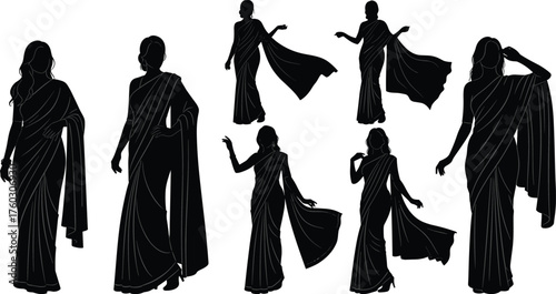Indian saree silhouette set, graceful women in traditional dress, cultural fashion poses, ethnic elegance, black vector illustration, heritage icon