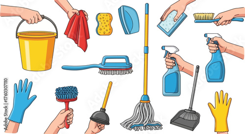 House Cleaning Supplies and Tools Vector Illustration