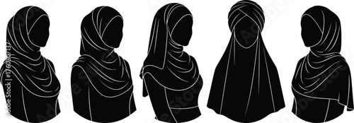 Hijab fashion silhouette set, modest style variations, cultural headwear poses, elegant Muslim women, black vector illustration, tradition icon