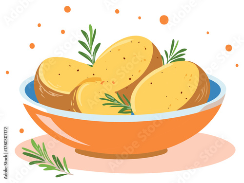 Fresh potatoes in orange bowl with rosemary leaves are appetizing and represent healthy food, vegetarian nutrition, cooking ingredients