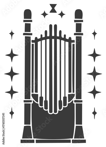 Majestic pipe organ graphic with sparkling celestial stars and small hourglass above