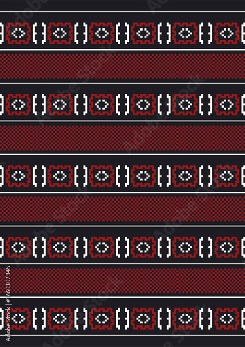 A striking ethnic geometric pattern with a mystical folk feel in red, white, and dark charcoal grey.