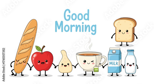 Good Morning Kawaii Food Lineup with Toast, Baguette, and Drink Characters