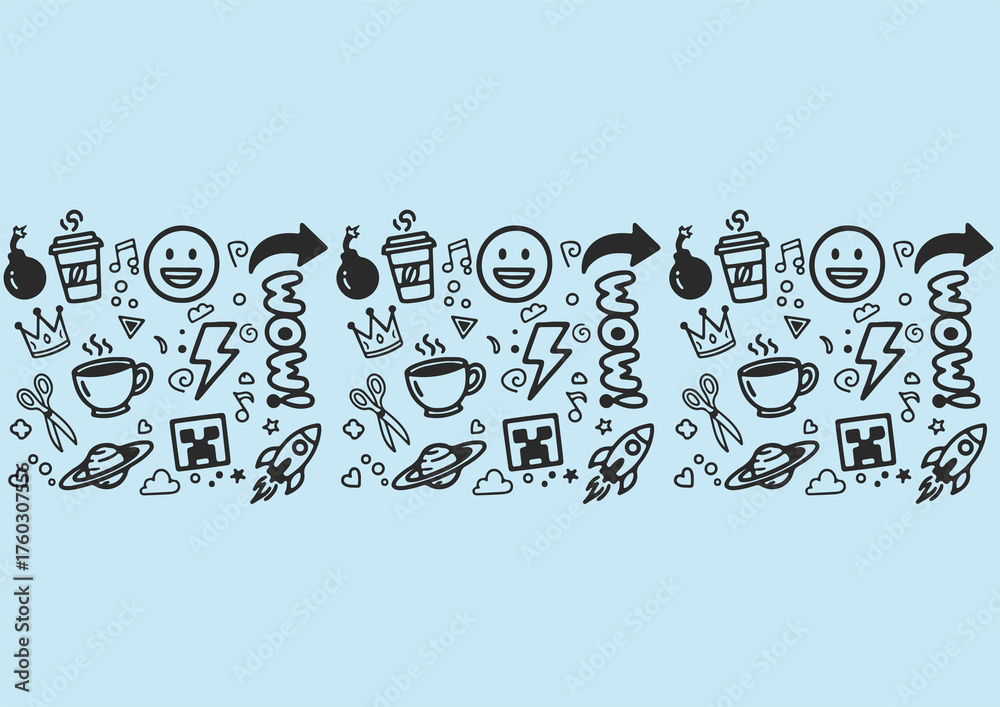 Fototapeta premium A cool and modern seamless border of black hand-drawn doodles on a calming light blue background.