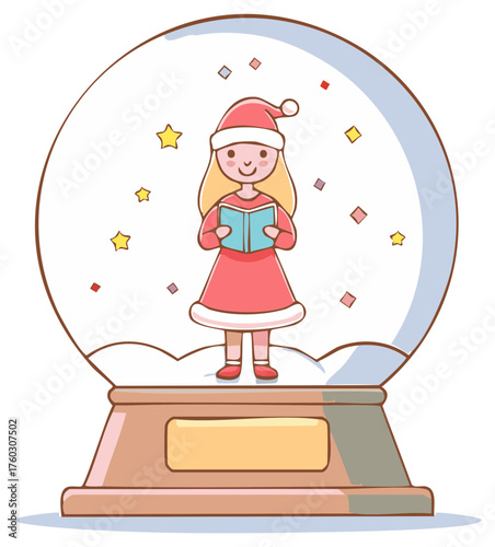 Charming illustration of a festive snow globe showcasing a girl in a Santa hat reading a story within a winter wonderland scene