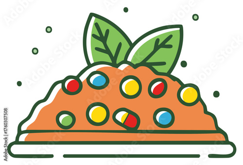 Stylized icon of fortified food or animal feed with added pills, vitamins, and herbal supplements