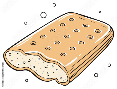 Hand drawn cartoon illustration of a bitten soda cracker or biscuit snack
