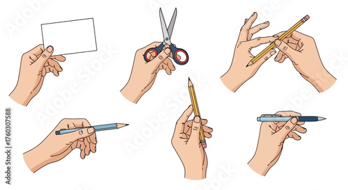 Hands in Various Poses Holding Objects for Creative or Functional Tasks