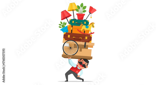 Man Carrying Stack of Luggage Moving Day Cartoon Illustration