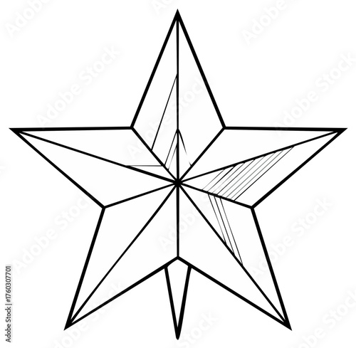 Isolated five point star drawing with hatched detail and geometric pattern