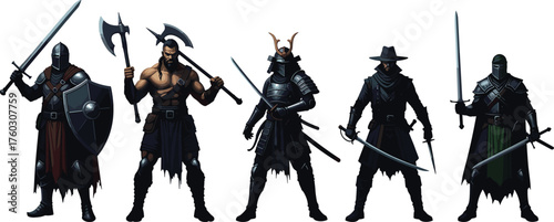 Fantasy warrior character set, medieval fighters with armor, swords, axes, rogue assassin, samurai, battle-ready poses, game design illustration