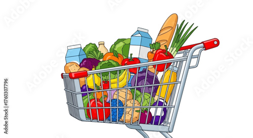 Colorful Grocery Cart Filled with Fresh Vegetables and Fruits