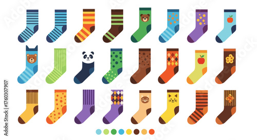 Colorful socks in a flat design with cute patterns and cartoon characters