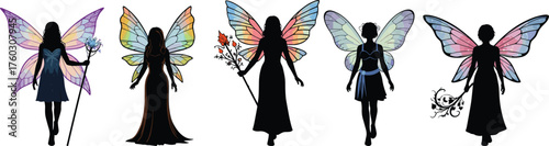 Fantasy fairy silhouette set, magical winged figures with staffs, colorful wings, enchanted poses, mystical character design, vector illustration