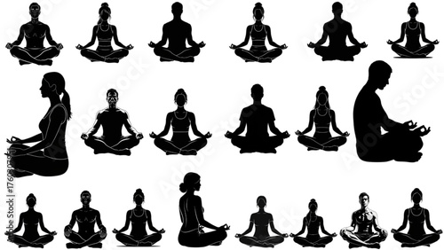 Yoga and Meditation Silhouettes Set of People in Lotus Position Black and White Vector Collection for Wellness, Mindfulness, Relaxation, and Fitness Design Elements