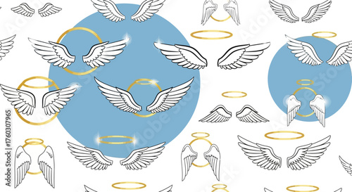 Angelic Wings and Halos Seamless Pattern Design Heavenly Grace