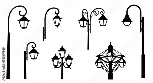 Variety of Street Lamps Silhouette Vector Set for Urban Design