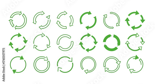 Set of Circular Green Arrows for Recycling, Rotation and Reuse Concepts