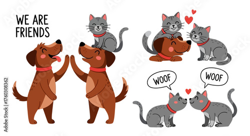 Cute Dog and Cat Cartoon Friendship Illustration with Friendly Paws