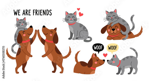 Cartoon Cats and Dogs Illustrating Friendship and Togetherness
