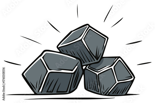 Stylized cartoon illustration of three dark grey geometric rocks with a subtle glow