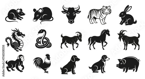 Chinese Zodiac Animal Icons Black and White Vector Illustration