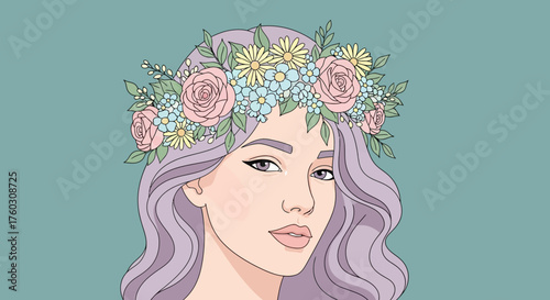 Woman with a flower crown and wavy purple hair