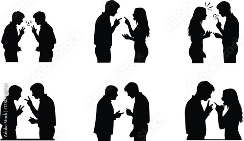 Couple argument silhouettes, emotional conflict, expressive gestures, relationship tension, pointing hands, confrontation poses, black vector icons, social behavior themes