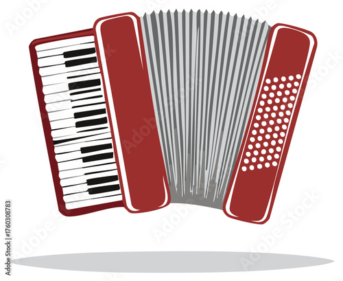 Illustration of a red accordion with keys and bellows, a classic musical instrument