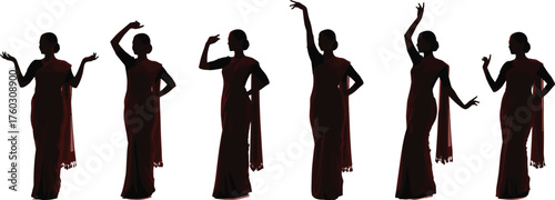Classical Indian dance silhouette set, graceful poses in sari, expressive mudras, cultural movement, black vector illustration, tradition icon