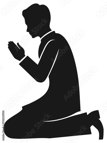 Black silhouette of a person kneeling in a spiritual prayer or meditation posture