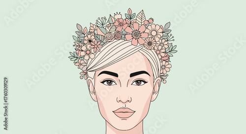 Woman wearing a floral crown with light green background