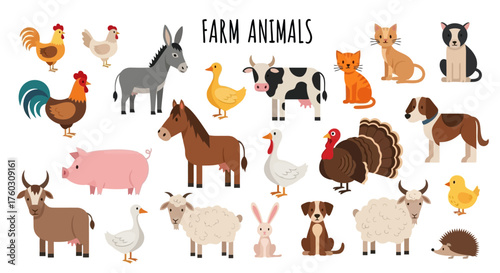 Diverse Farm Animals Illustration Rooster, Cow, Pig, Sheep and More